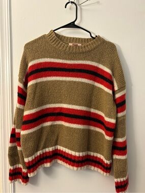 Urban Outfitters Olive Crewneck Sweater with Red, Black and Cream Stripes